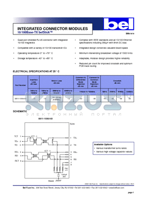 0811-1XX4-03 datasheet - INTEGRATED CONNECTOR MODULES BM01819 10/100Base-TX belStick