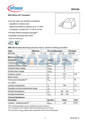 BFQ19S_10 datasheet - NPN Silicon RF Transistor