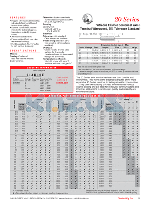 20J500 datasheet - Vitreous Enamel Conformal Axial Terminal Wirewound, 5% Tolerance Standard