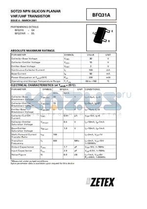 BFQ31AR datasheet - NPN SILICON PLANAR VHF/UHF TRANSISTOR