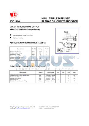 2SD1168 datasheet - NPN TRIPLE DIFFUSED PLANAR SILICON TRANSISTOR(COLOR TV HORIZONTAL OUTPUT APPLICATIONS)