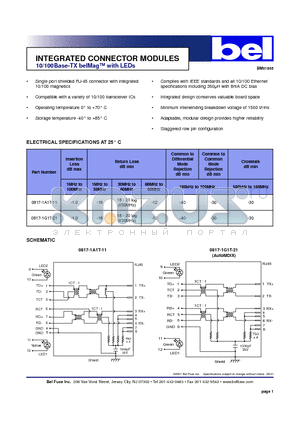 0817-1A1T-21 datasheet - INTEGRATED CONNECTOR MODULES BM01805 10/100Base-TX belMag with LEDs