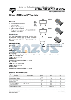 BFQ67 datasheet - Silicon NPN Planar RF Transistor