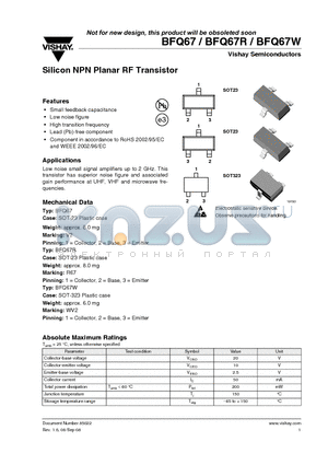 BFQ67_08 datasheet - Silicon NPN Planar RF Transistor