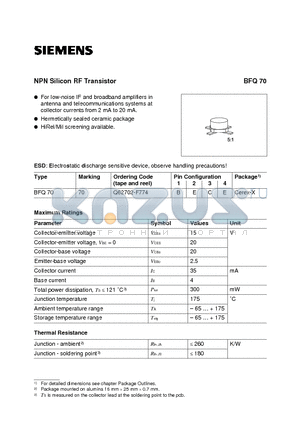 BFQ70 datasheet - NPN Silicon RF Transistor (For low-noise IF and broadband amplifiers in antenna and telecommunications systems at collector currents from 2mA to 20mA)