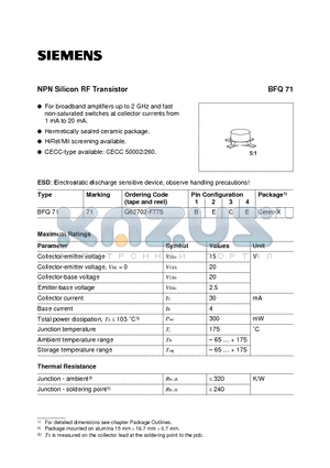 BFQ71 datasheet - NPN Silicon RF Transistor (For broadband amplifiers up to 2 GHz and fast non-saturated switches at collector currents from 1 mA to 20 mA.)