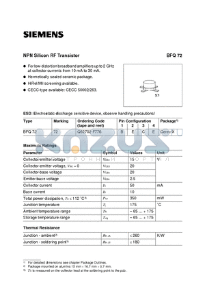 BFQ72 datasheet - NPN Silicon RF Transistor (For low-distortion broadband amplifiers up to 2 GHz at collector currents from 10 mA to 30 mA.)