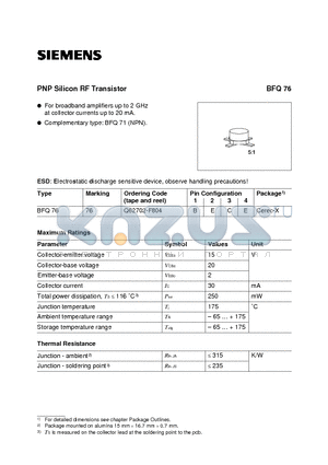 BFQ76 datasheet - PNP Silicon RF Transistor (For broadband amplifiers up to 2 GHz at collector currents up to 20 mA.)