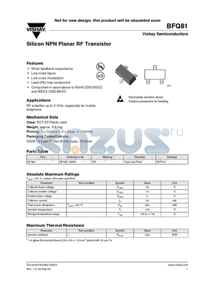 BFQ81-GS08 datasheet - Silicon NPN Planar RF Transistor