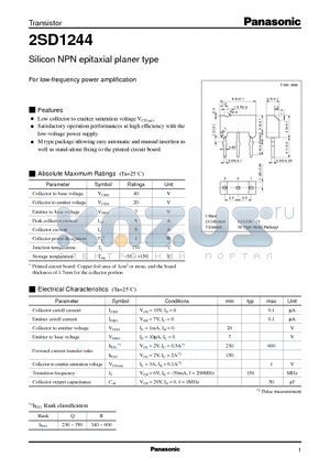 2SD1244 datasheet - Silicon NPN epitaxial planer type(For low-frequency power amplification)