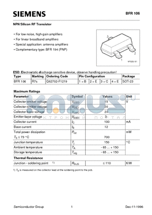 BFR106 datasheet - NPN Silicon RF Transistor (For low noise, high-gain amplifiers For linear broadband amplifiers)