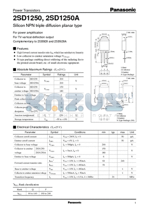 2SD1250 datasheet - Silicon NPN triple diffusion planar type(For power amplification)