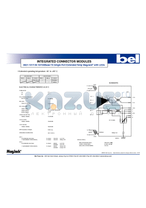 0821-1X1T-36 datasheet - INTEGRATED CONNECTOR MODULES 10/100Base-TX Single Port Extended Temp MagJack with LEDs