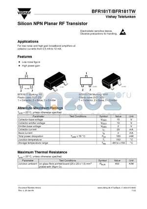 BFR181TW datasheet - Silicon NPN Planar RF Transistor