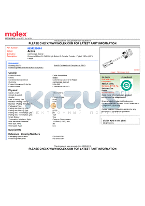 0834219044 datasheet - Comercial Micro-D, CMD Single Ended, 9 Circuits, Female - Pigtail, 1.83m (6.0 ) Length