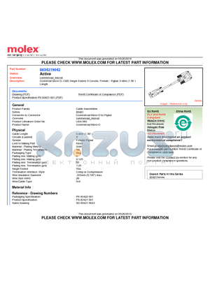 0834219042 datasheet - Comercial Micro-D, CMD Single Ended, 9 Circuits, Female - Pigtail, 0.46m (1.50) Length