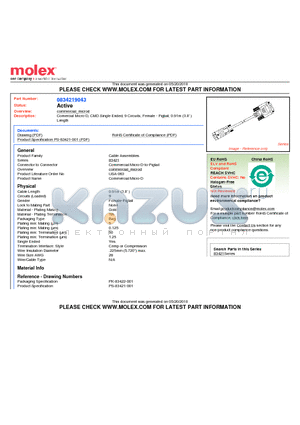 0834219043 datasheet - Comercial Micro-D, CMD Single Ended, 9 Circuits, Female - Pigtail, 0.91m (3.0) Length