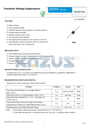 20KPA144CA datasheet - Transient Voltage Suppressors