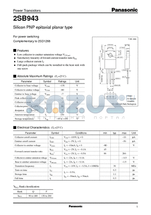 2SD1268 datasheet - Silicon PNP epitaxial planar type(For power switching)