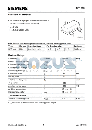 BFR183 datasheet - NPN Silicon RF Transistor (For low noise, high-gain broadband amplifiers at collector current from 2 mA to 30mA)