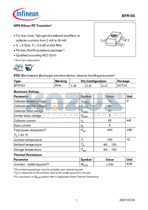 BFR183 datasheet - NPN Silicon RF Transistor