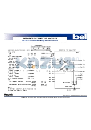 0843-2B1T-70 datasheet - INTEGRATED CONNECTOR MODULES 10/100Base-TX MagJack 2 x 1 wih LEDs