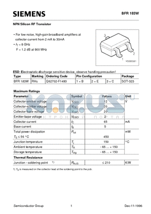 BFR183W datasheet - NPN Silicon RF Transistor (For low noise, high-gain broadband amplifiers at collector current from 2 mA to 30mA)