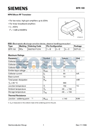 BFR193 datasheet - NPN Silicon RF Transistor (For low noise, high-gain amplifiers up to 2GHz For linear broadband amplifiers)