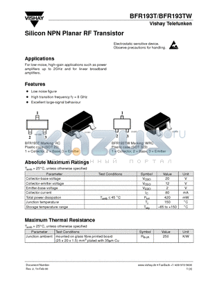 BFR193T datasheet - Silicon NPN Planar RF Transistor