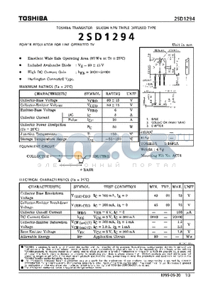 2SD1294 datasheet - NPN TRIPLE DIFFUSED TYPE (POWER REGULATOR FOR LINE POERATED TV)
