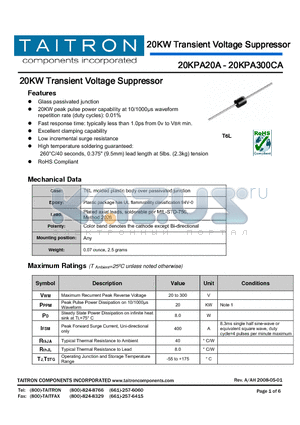 20KPA20A datasheet - 20KW Transient Voltage Suppressor