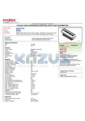 0850032385 datasheet - 2.54mm (.100) Pitch DIN 41612 Header, Style C, Right Angle , Through Hole, 0.6lm (24l) Selective Gold (Au), 64 Circuits, First-Mate-Last-Break Option Available