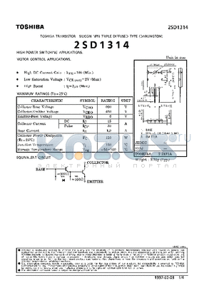 2SD1314 datasheet - NPN TRIPLE DIFFUSED TYPE (HIGH POWER SWITCHING, MOTOR CONTROL APPLICATIONS)