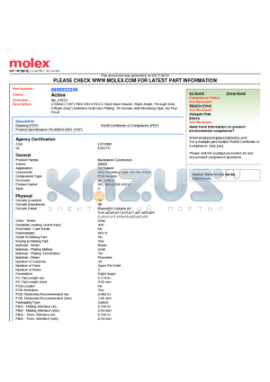 0850033249 datasheet - 2.54mm (.100) Pitch DIN 41612 C Style Male Header, Right Angle, Through Hole, 0.60lm (24l) Selective Gold (Au) Plating, 16 Circuits, with Mounting Clips