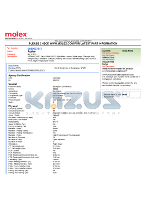 0850037017 datasheet - 2.54mm (.100) Pitch DIN 41612 C Style Male Header, Right Angle, Through Hole, 0.60lm (24l) Selective Gold (Au) Plating, 96 Circuits, with Mounting Clips