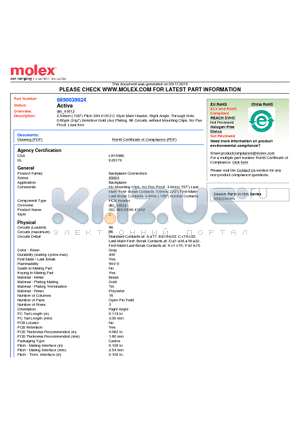 0850039024 datasheet - 2.54mm (.100) Pitch DIN 41612 C Style Male Header, Right Angle, Through Hole, 0.60lm (24l) Selective Gold (Au) Plating, 96 Circuits, without Mounting Clips