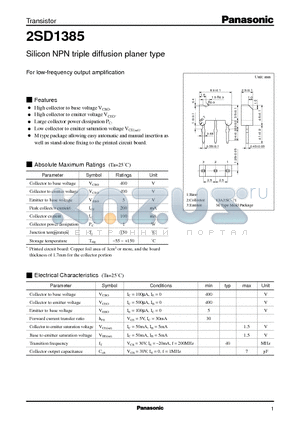 2SD1385 datasheet - Silicon NPN triple diffusion planer type(For low-frequency output amplification)