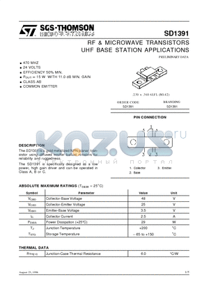 2SD1391 datasheet - RF & MICROWAVE TRANSISTORS UHF BASE STATION APPLICATIONS