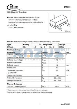 BFR280 datasheet - NPN Silicon RF Transistor