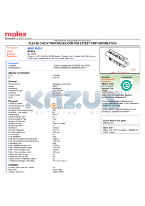 0850130074 datasheet - 2.54mm (.100) Pitch DIN 41612 Header, Through Hole, Vertical, Style R/2 Reverse, 0.6lm (24l) Selective Gold (Au), 48 Circuits, Lead free