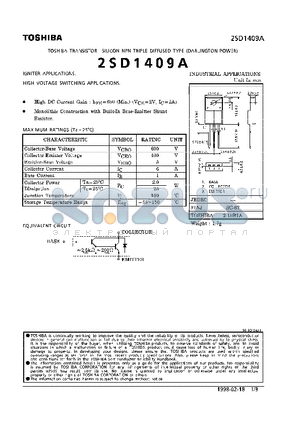 2SD1409A datasheet - NPN TRIPLE DIFFUSED TYPE (IGNITER, HIGH VOLTAGE SWITCHING APPLICATIONS)