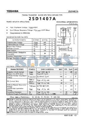 2SD1407A datasheet - NPN TRIPLE DIFFUSED TYPE (POWER AMPLIFIER APPLICATIONS)