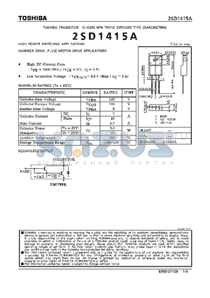 2SD1415A datasheet - NPN TRIPLE DIFFUSED TYPE (HIGH POWER SWITCHING, HAMMER DRIVE, PULSE MOTOR DRIVE APPLICATIONS)