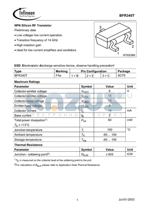 BFR340T datasheet - NPN Silicon RF Transistor