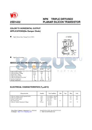 2SD1432 datasheet - NPN TRIPLE DIFFUSED PLANAR SILICON TRANSISTOR(COLOR TV HORIZONTAL OUTPUT APPLICATIONS)