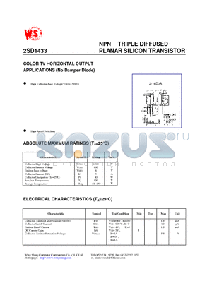 2SD1433 datasheet - NPN TRIPLE DIFFUSED PLANAR SILICON TRANSISTOR(COLOR TV HORIZONTAL OUTPUT APPLICATIONS)