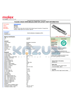 0850480361 datasheet - 2.54mm (.100) Pitch DIN 41612/IEC 603-2 Mixed Layout Connector, Through Hole, Vertical, Female Style M, 64 Circuits, Lead free