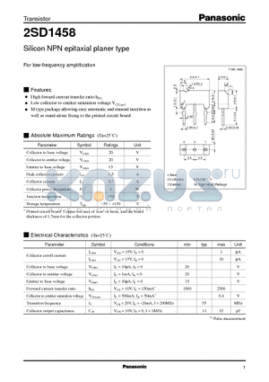 2SD1458 datasheet - Silicon NPN epitaxial planer type(For low-frequency amplification)