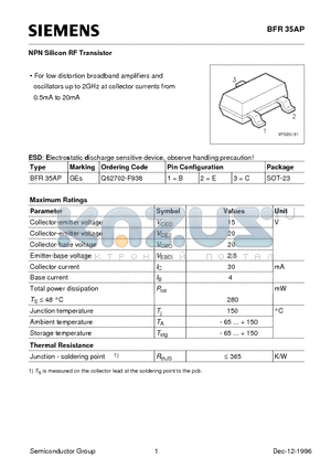 BFR35AP datasheet - NPN Silicon RF Transistor (For low distortion broadband amplifiers and oscillators up to 2GHz at collector currents from 0.5mA to 20mA)