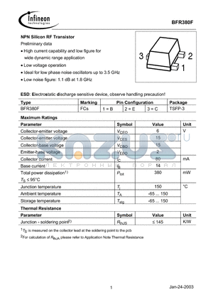 BFR380F datasheet - NPN Silicon RF Transistor